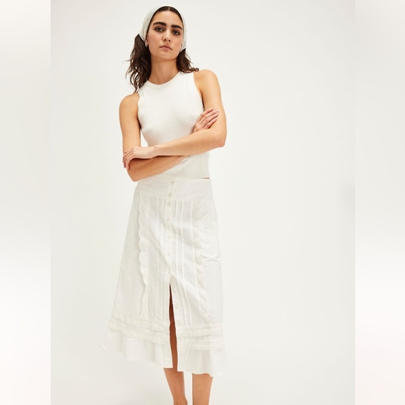 FREE PEOPLE Whitney White Lace-Trimmed Prairie Midi Skirt